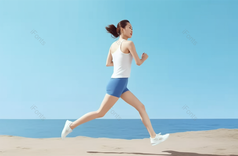 蓝色阳光肆意青春洋溢在海边跑步的年轻女性摄影背景,高清,摄影图,摄影图片,图片大全,摄影图免费下载